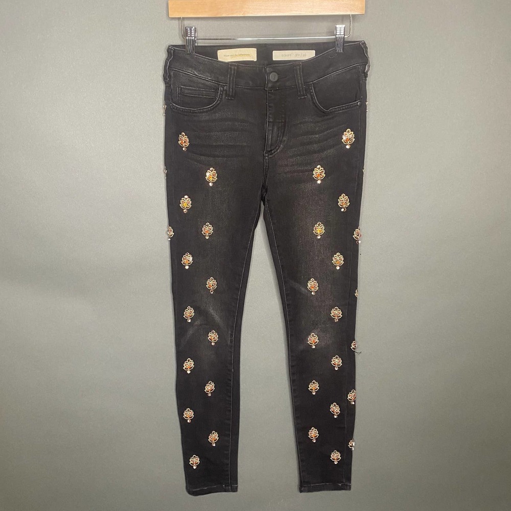 Anthropologie Pilcro Black Script Beaded Jeans 26 - Picture 3 of 9